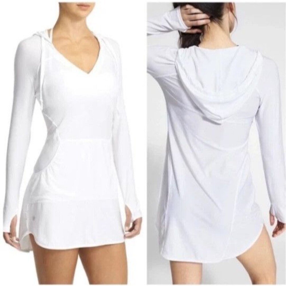 Athleta 906170 White LS Lightweight Hoodie Swim Cover-up Dress w Thumb Holes   M